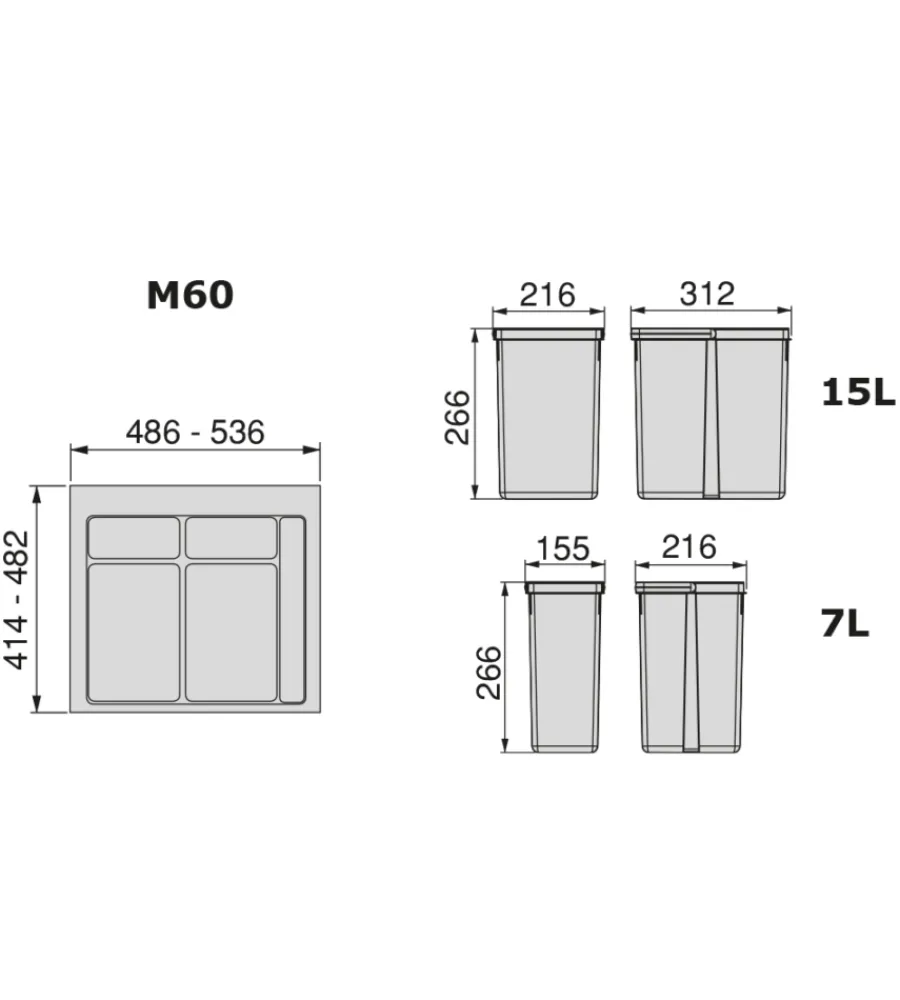Emuca Raccolta Differenziata|Contenitori per raccolta differenziata 12l+7l+7l modulo 60 cm,