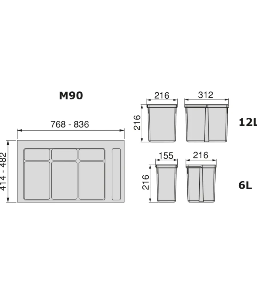 Raccolta Differenziata-Emuca Contenitori per raccolta differenziata 12l+12l+6l+6l per modulo 90 cm,