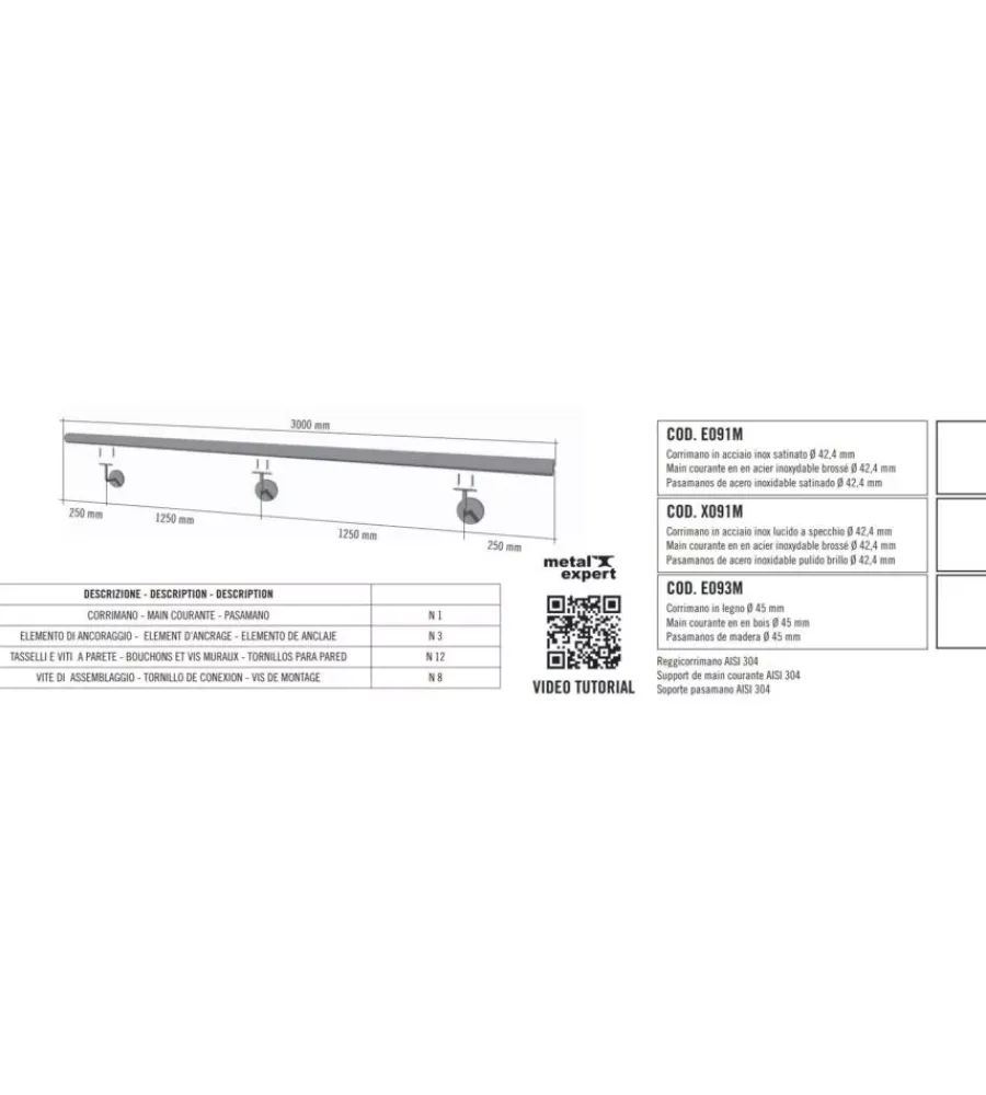 Metal Expert Porte, Scale E Pavimenti|Corrimano tondo in acciaio inox aisi 304 satinato da 3 metri - kit completo con ancoraggio