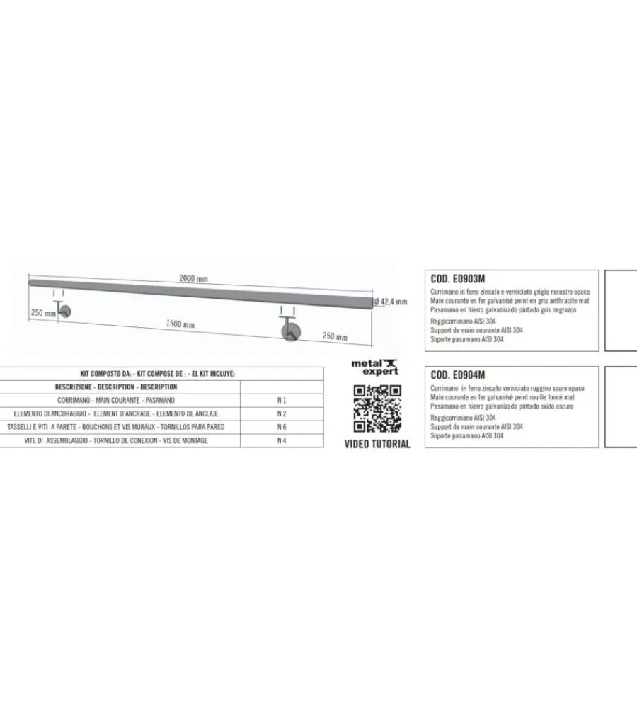 Porte, Scale E Pavimenti-Metal Expert Corrimano tondo in ferro zincato grigio antracite da 2 metri - kit completo con ancoraggio