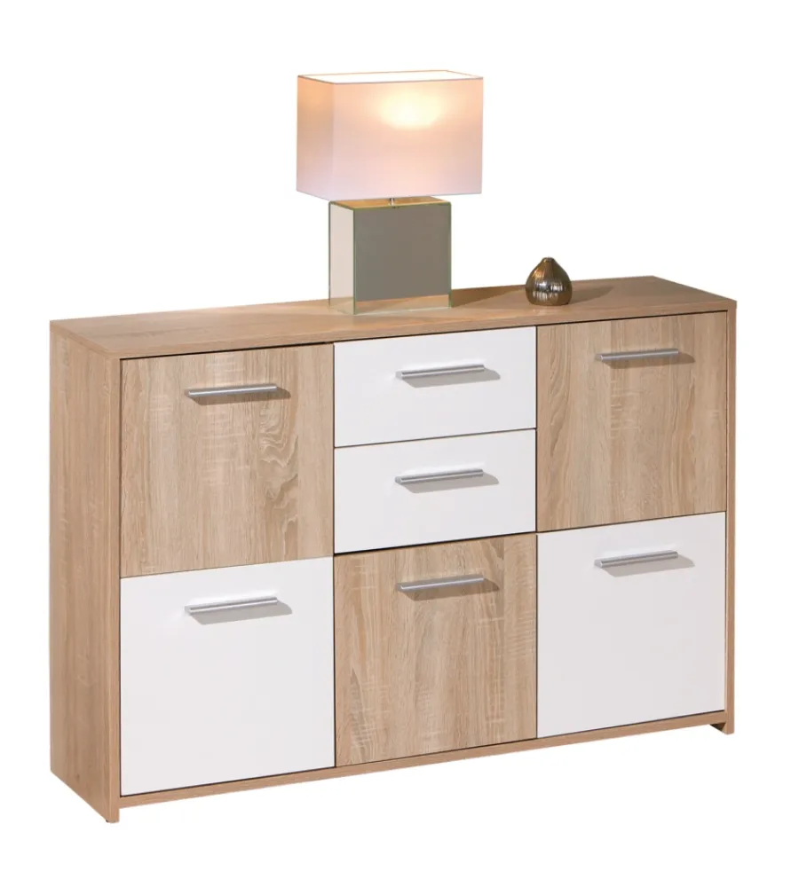 Credenze E Buffet- Credenza buffet 2 cassetti e 5 ante rovere e bianco, 115x30x77 cm