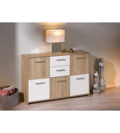 Credenze E Buffet- Credenza buffet 2 cassetti e 5 ante rovere e bianco, 115x30x77 cm