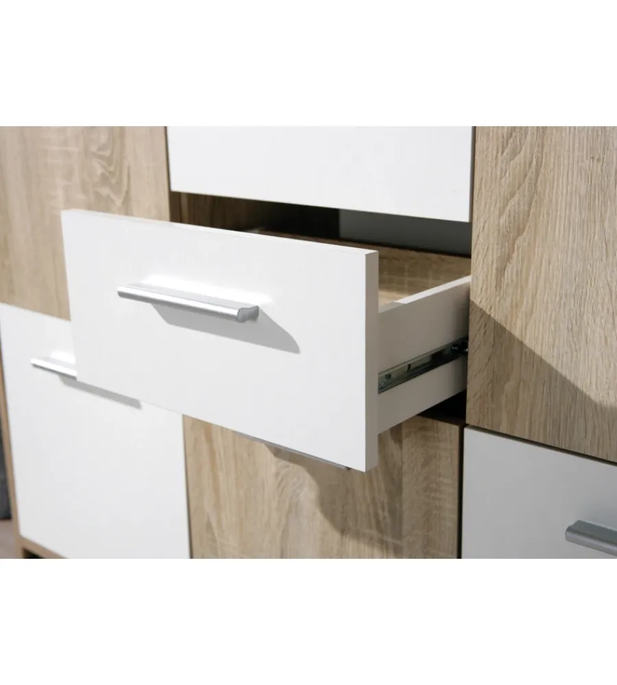Credenze E Buffet- Credenza buffet 2 cassetti e 5 ante rovere e bianco, 115x30x77 cm