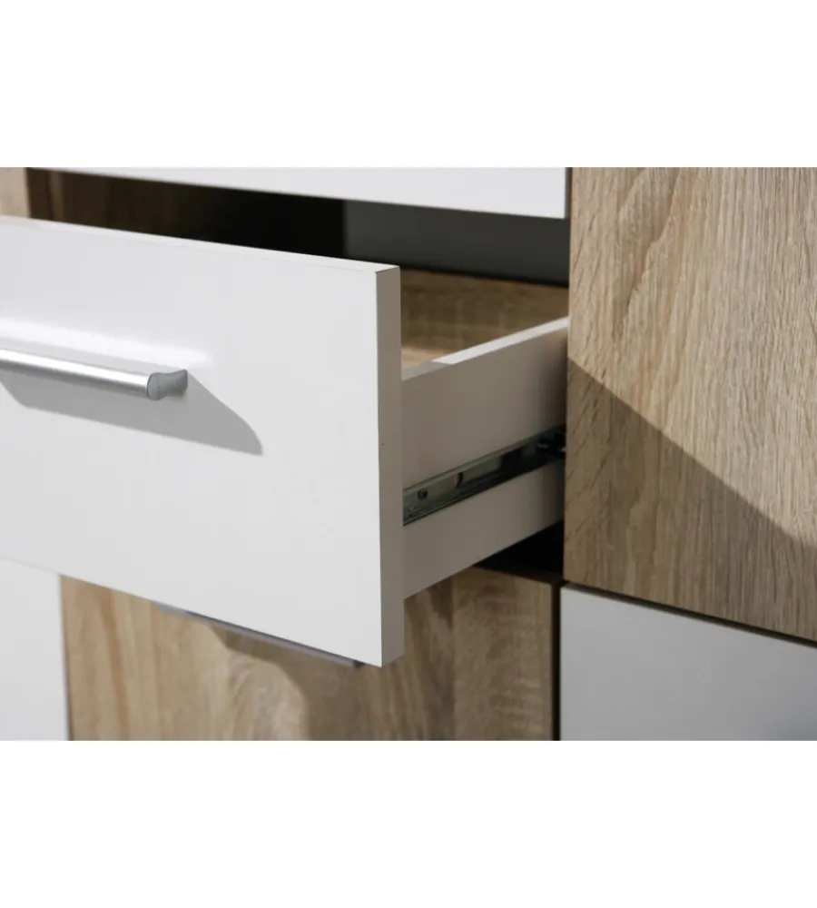 Credenze E Buffet- Credenza buffet 2 cassetti e 5 ante rovere e bianco, 115x30x77 cm
