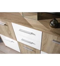 Credenze E Buffet- Credenza buffet 2 cassetti e 5 ante rovere e bianco, 115x30x77 cm