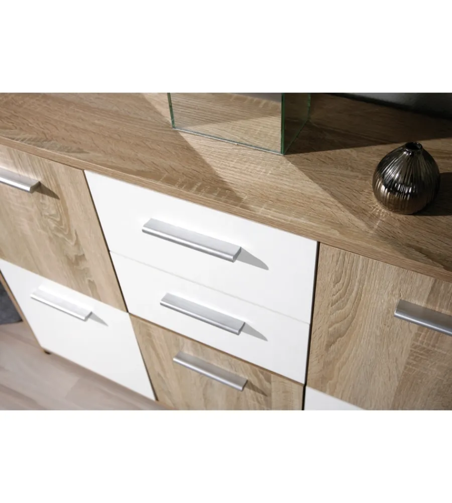 Credenze E Buffet- Credenza buffet 2 cassetti e 5 ante rovere e bianco, 115x30x77 cm