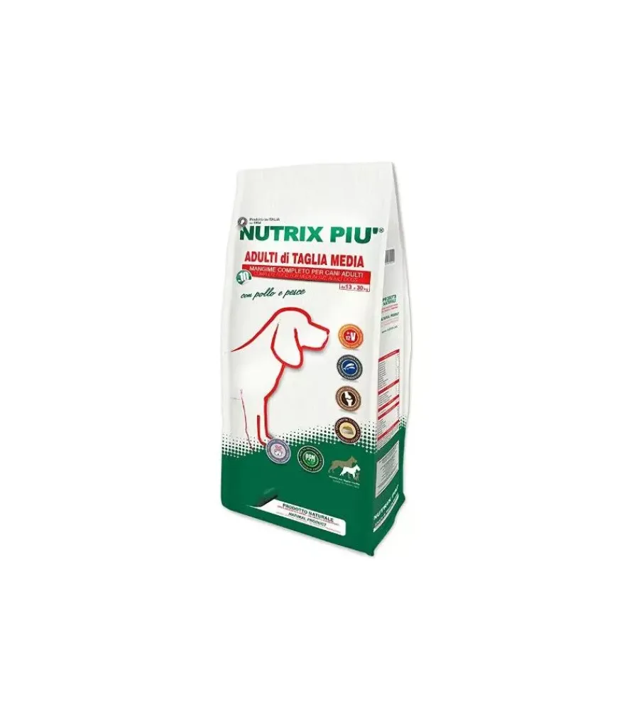 Nutrix Più Alimenti Secco Cane|Crocchette per cani nutrix piu' adulto di taglia media con pollo e pesce 10 kg