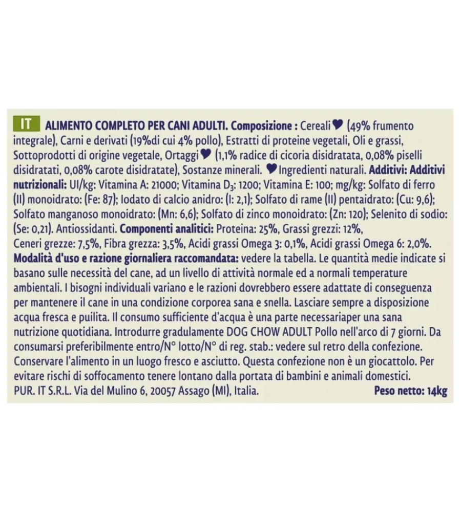 Purina Alimenti Secco Cane|Crocchette per cani "dog chow" adulto di tutte le taglie con pollo 14 kg