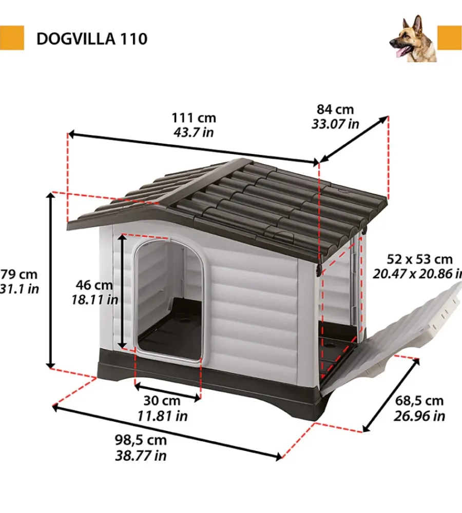 Cuccia per cani da esterno "dogvilla 110" con parete ribaltabile in resina grigio 111x84x79 cm Cucce E Accessori Relativi