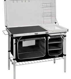 Campeggio-Brunner Cucina da campeggio pieghevole con lavello "drive in black" in acciaio e poliestere nero 2 scomparti 100x50x78/128,5 cm
