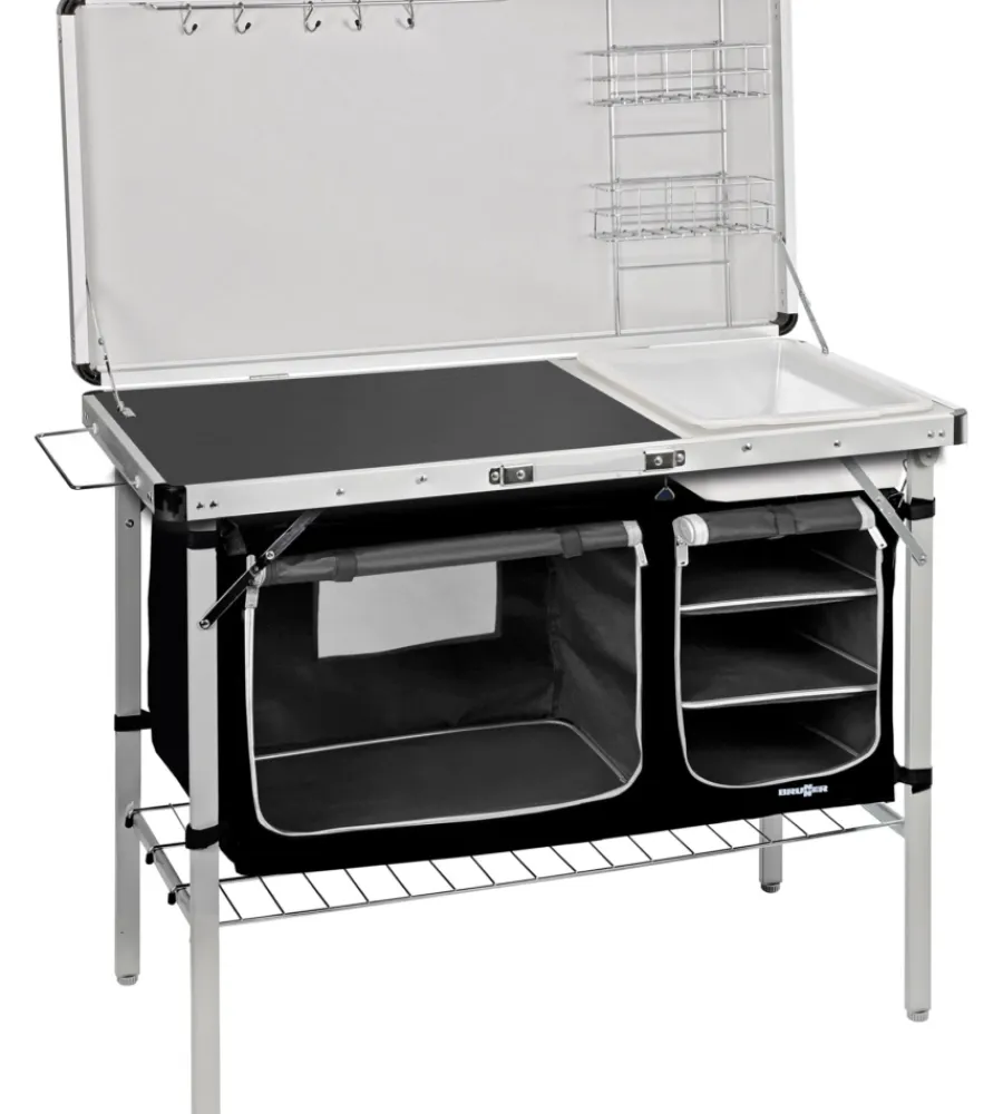 Campeggio-Brunner Cucina da campeggio pieghevole con lavello "drive in black" in acciaio e poliestere nero 2 scomparti 100x50x78/128,5 cm