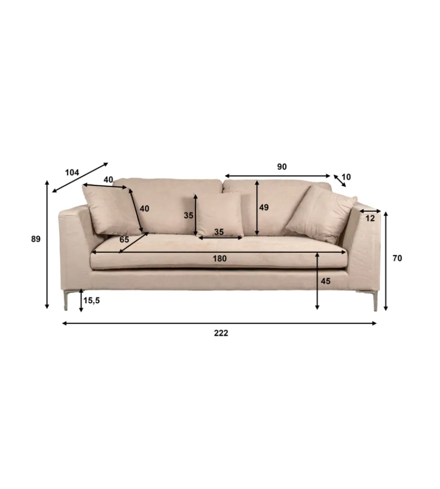 BellaHome Divani|Divano 3 posti "camilla" beige 222x104x56,5 cm