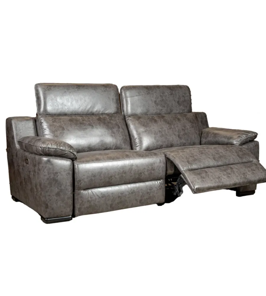 Divani-BellaHome Divano 3 posti "giulia" con sistema relax, in ecopelle effetto invecchiato grigio 210x106x85 cm