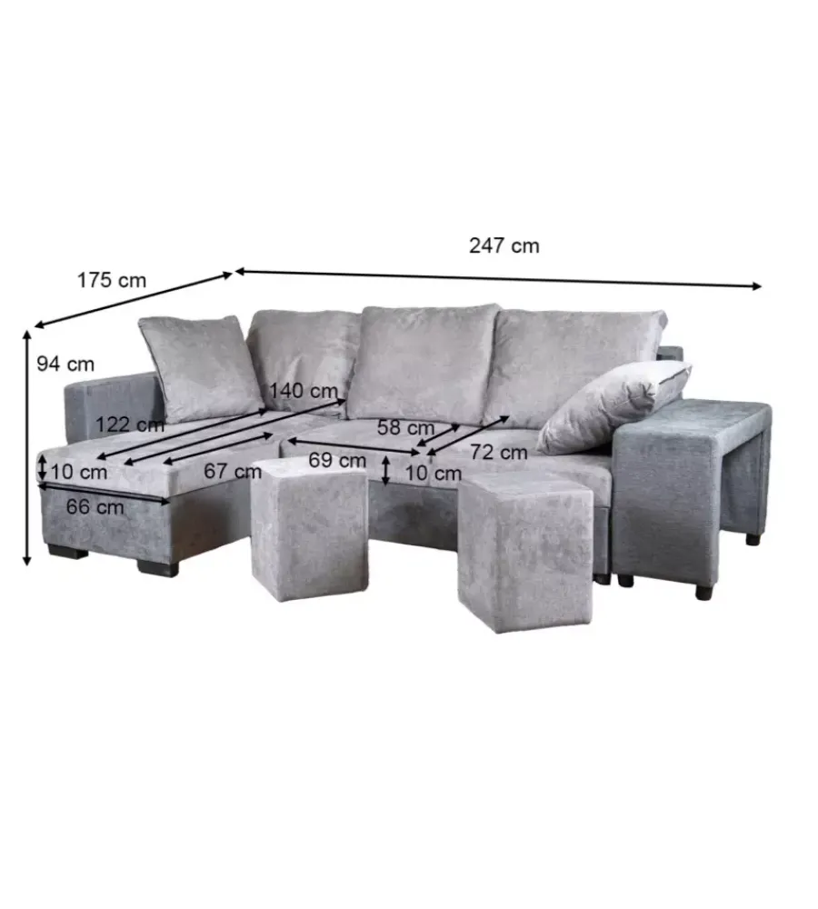 Divani-BellaHome Divano angolare "jessy" con contenitore, pouf e penisola sinistra 247x155x94 cm