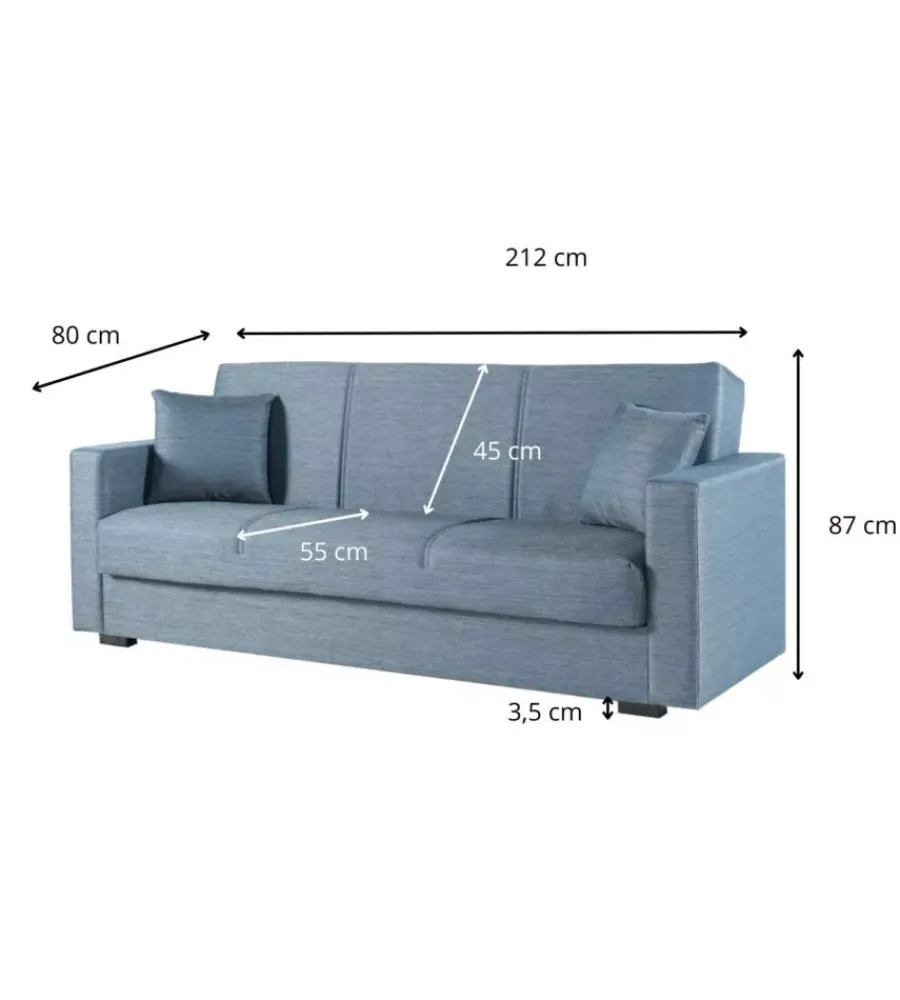 BellaHome Divani|Divano letto "afrodite" 3 posti in tessuto grigio-blu 212x80x87 cm