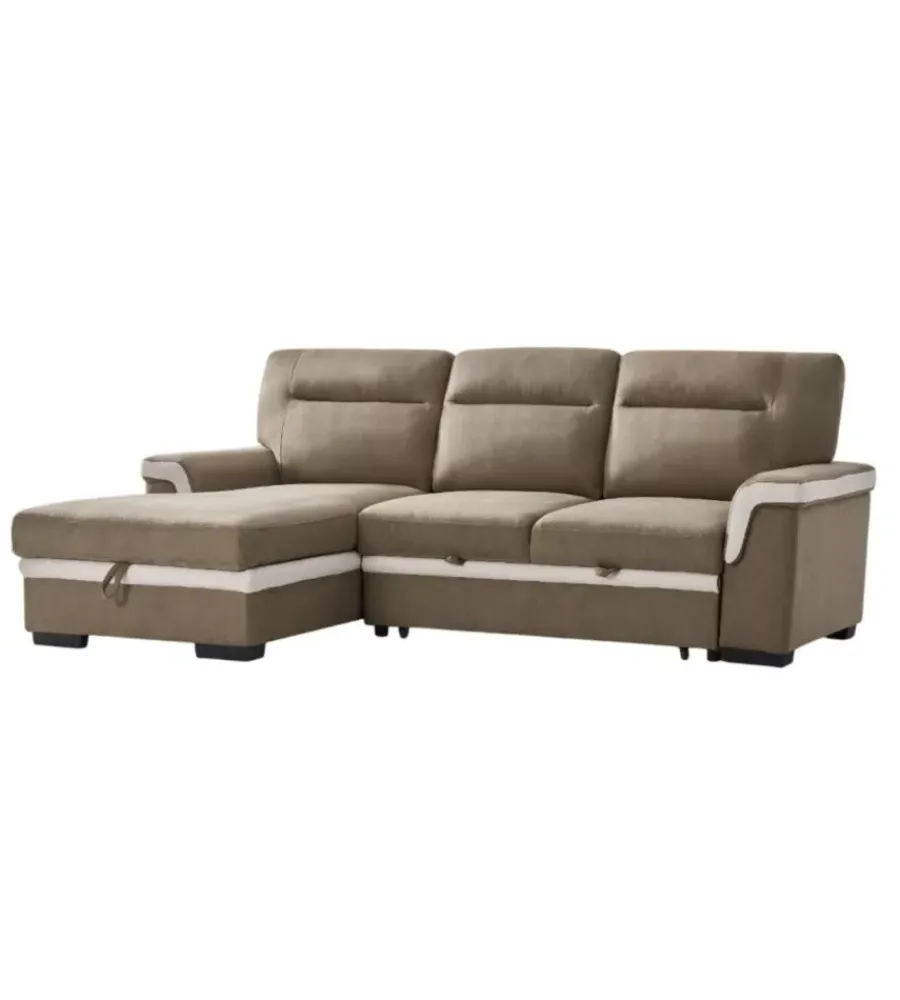 BellaHome Divani|Divano letto angolare "erika" in tessuto marrone con penisola a destra 254x92/165x102 cm
