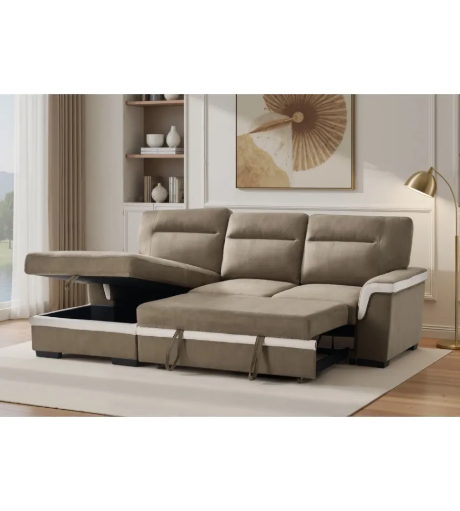 BellaHome Divani|Divano letto angolare "erika" in tessuto marrone con penisola a destra 254x92/165x102 cm