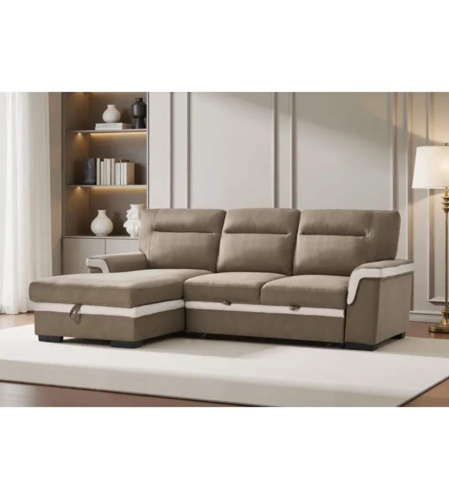 BellaHome Divani|Divano letto angolare "erika" in tessuto marrone con penisola a destra 254x92/165x102 cm
