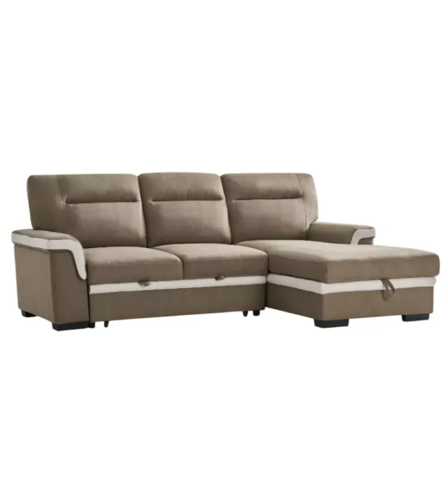 Divani-BellaHome Divano letto angolare "erika" in tessuto marrone con penisola a sinistra 254x92/165x102 cm