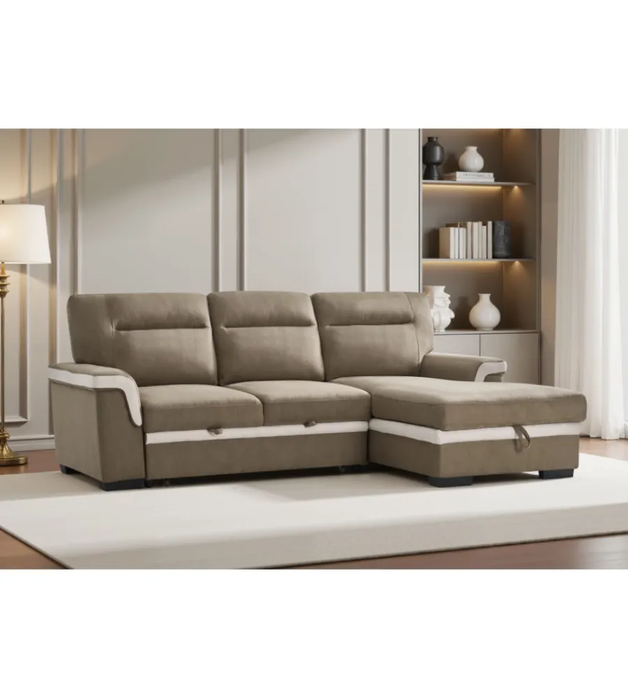 Divani-BellaHome Divano letto angolare "erika" in tessuto marrone con penisola a sinistra 254x92/165x102 cm