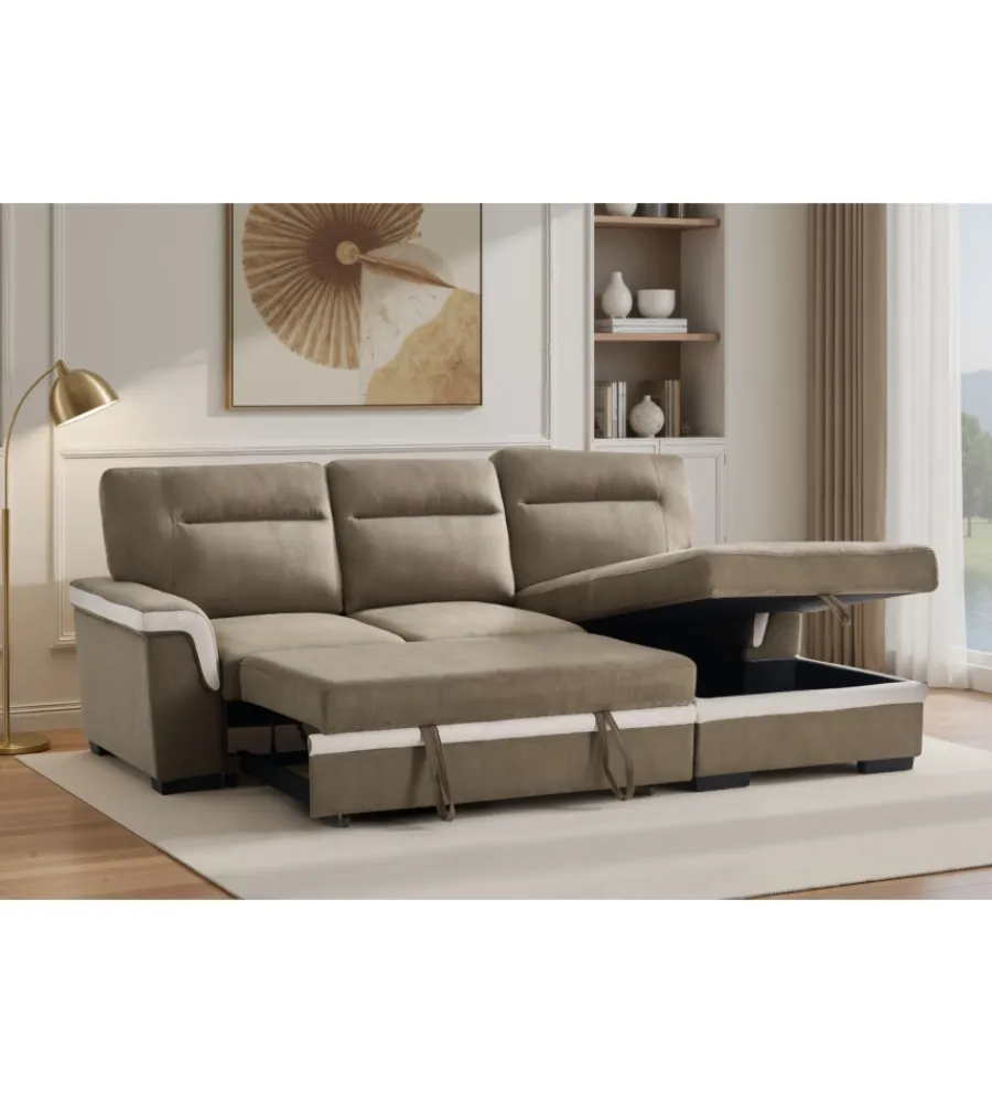 Divani-BellaHome Divano letto angolare "erika" in tessuto marrone con penisola a sinistra 254x92/165x102 cm