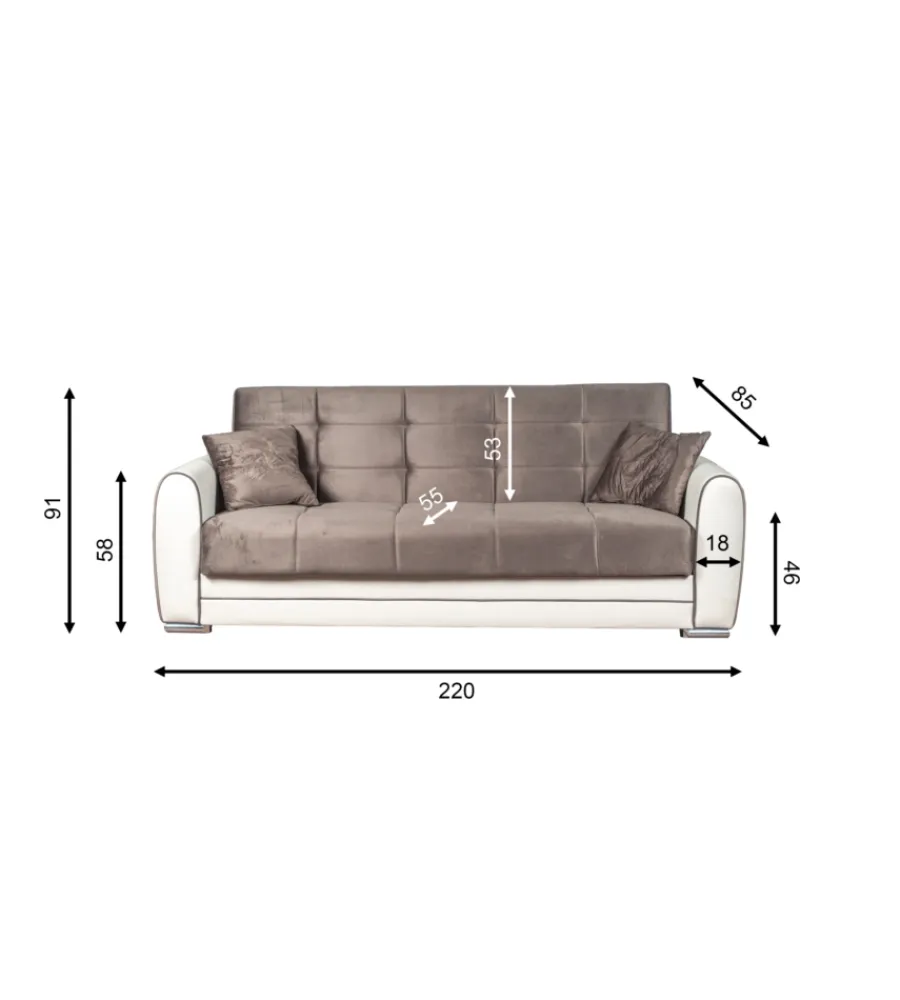BellaHome Divani|Divano letto "apollo" 3 posti in ecopelle grigio e bianco, 220x84x91 cm