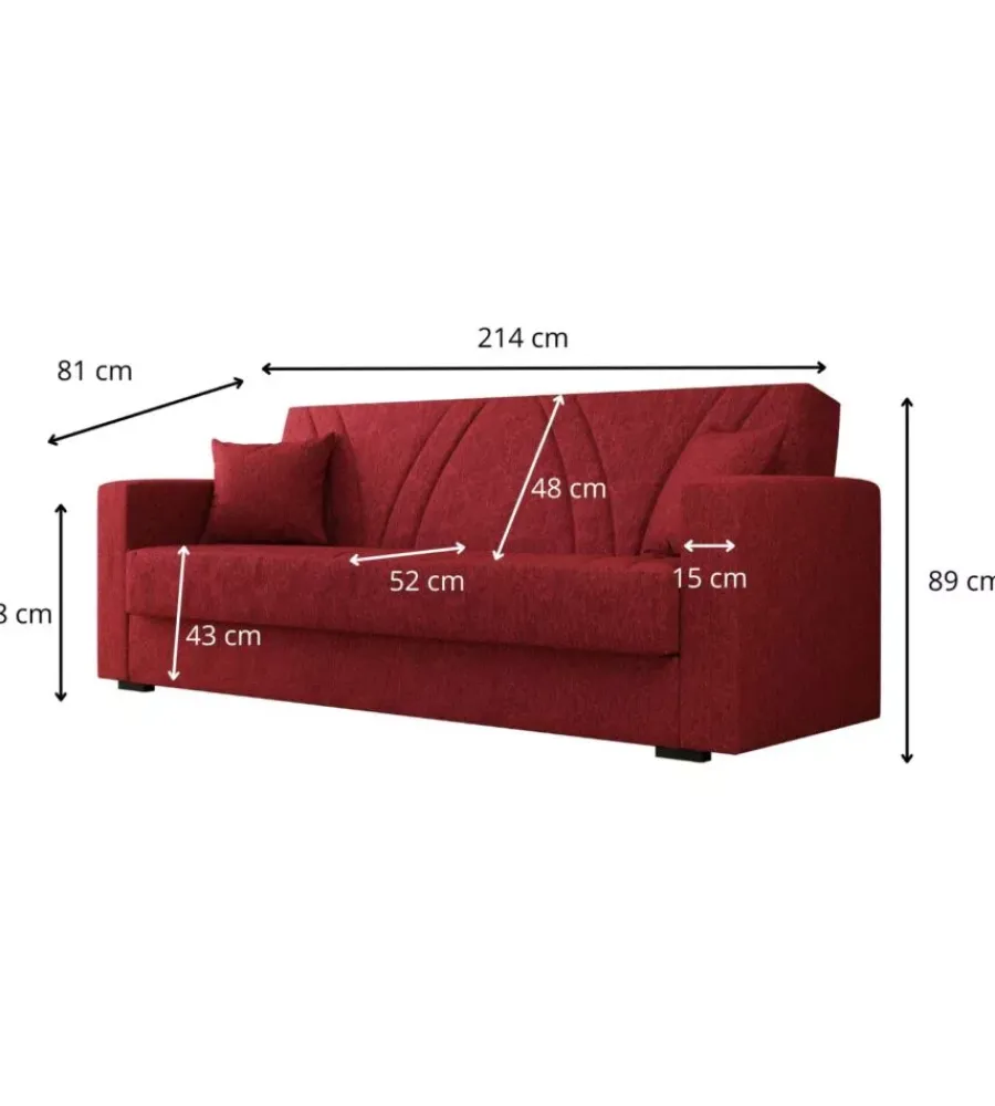 Divani-BellaHome Divano letto "ibiza" 3 posti tessuto rosso, 214x89x81 cm