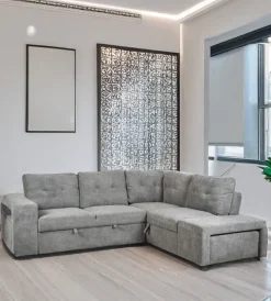 Outlet Divano letto con penisola a destra "gaia" tessuto grigio con pouf e contenitori, 254x83/194x88 cm Divani