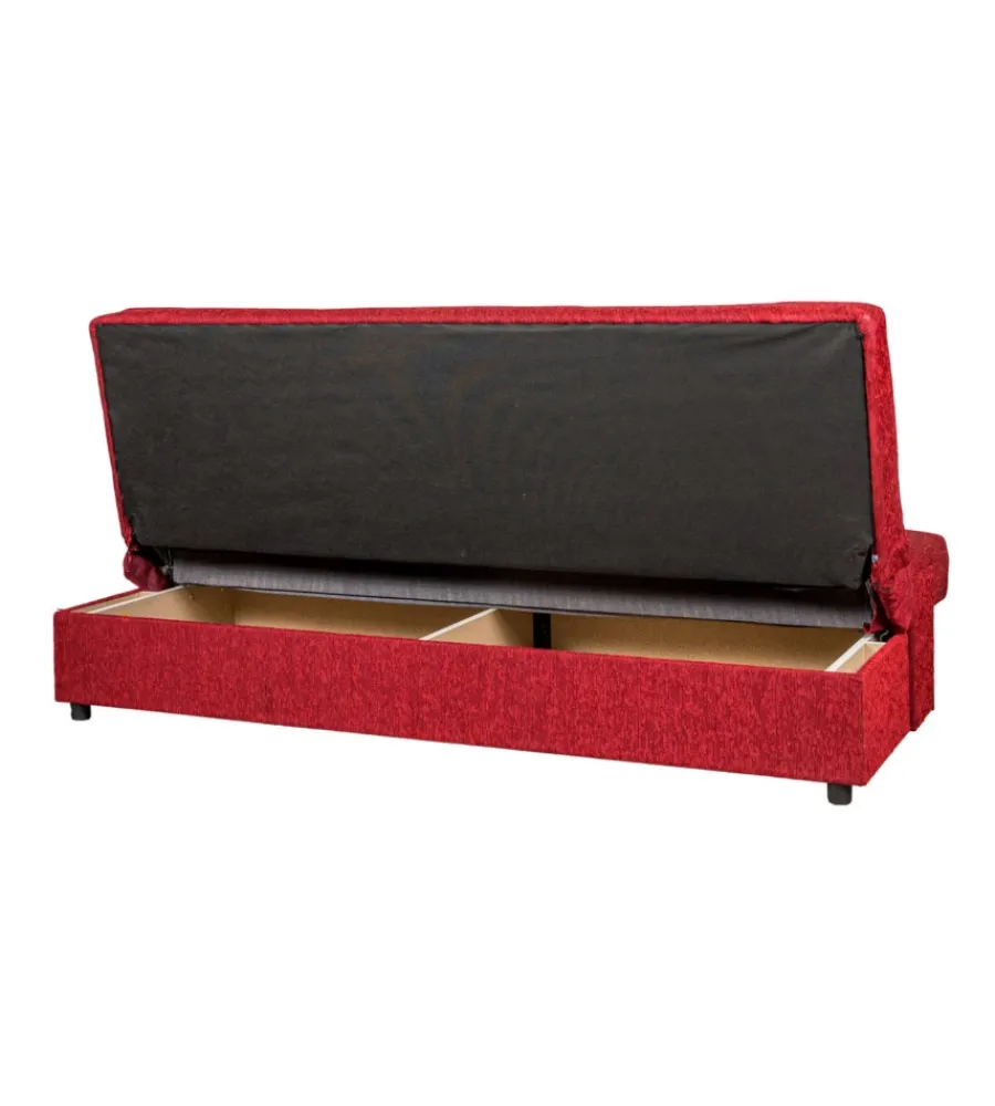 Divani-BellaHome Divano letto "fiji" 3 posti in tessuto rosso con cassettone contenitore, 183x81x89 cm