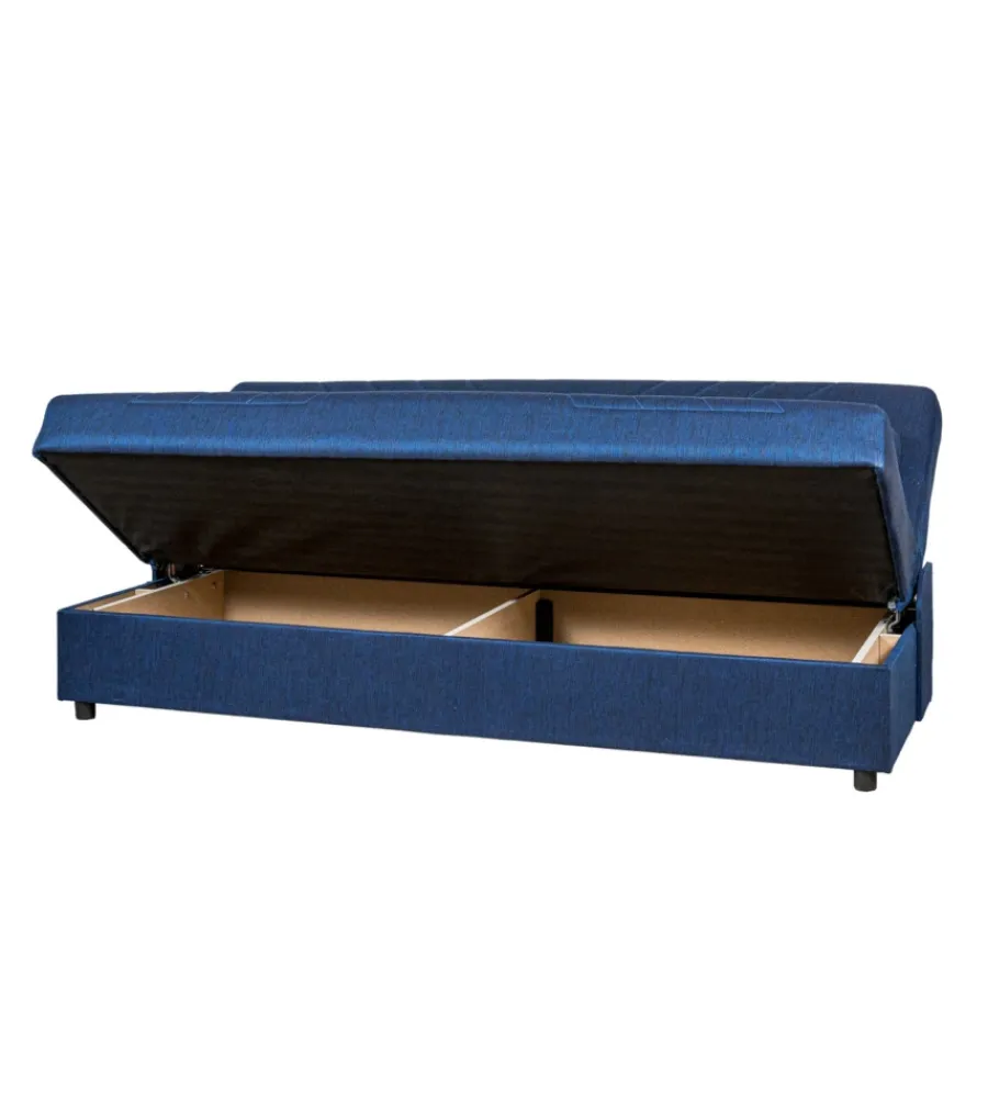 BellaHome Divani|Divano letto "fiji" 3 posti in tessuto blu con cassettone contenitore, 183x81x89 cm