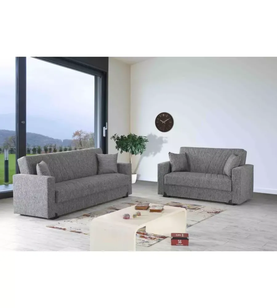 BellaHome Divani|Divano letto "mali" 2 posti con cassettone in tessuto grigio, 152x74x83 cm