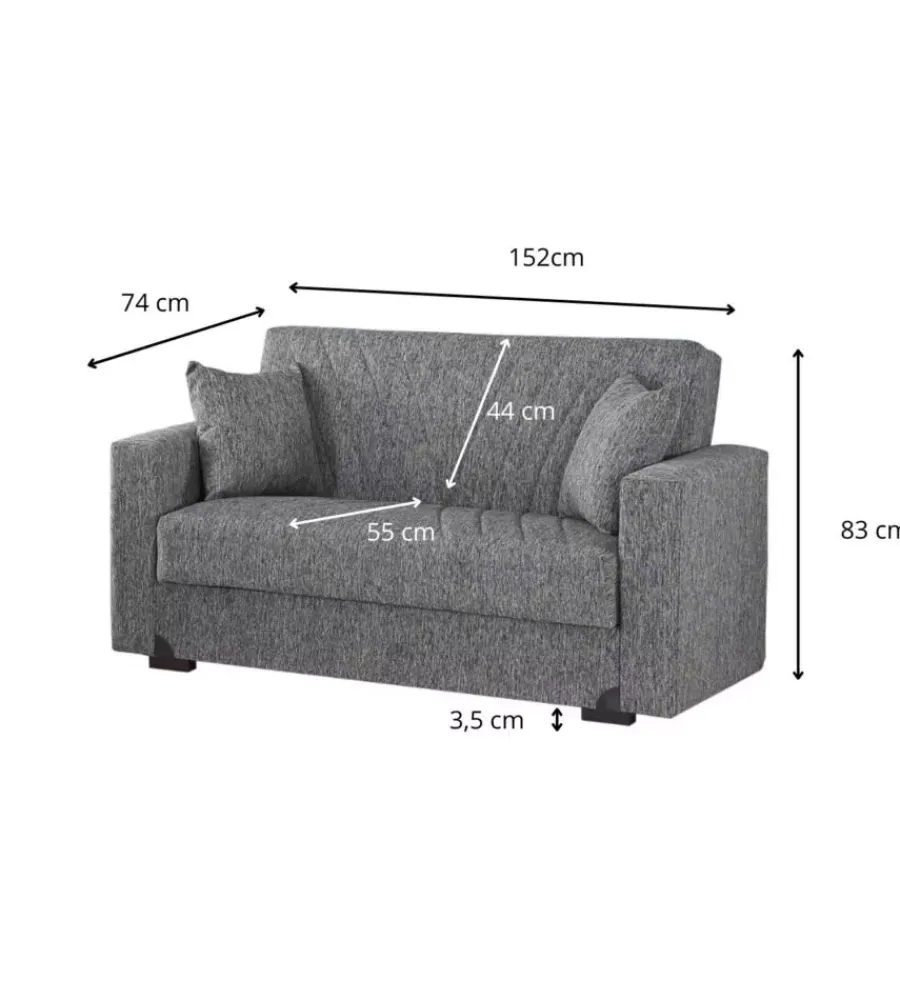 BellaHome Divani|Divano letto "mali" 2 posti con cassettone in tessuto grigio, 152x74x83 cm
