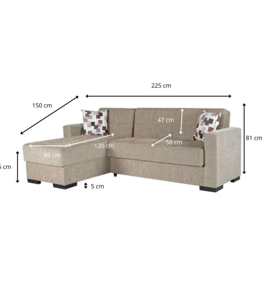 BellaHome Divani|Divano letto "merlin" con cassettone e penisola reversibile beige, 225x150x81 cm
