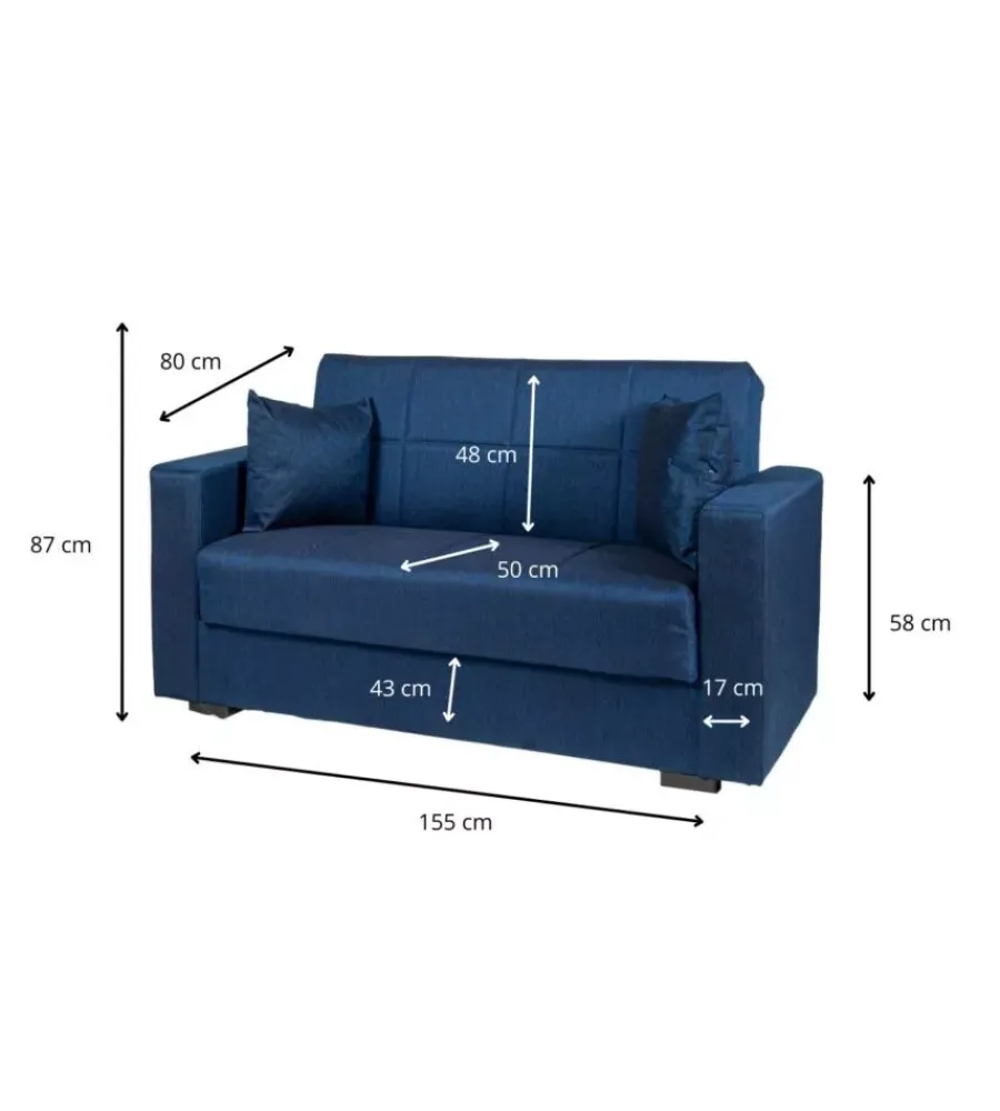 Divani-BellaHome Divano letto "nora" 2 posti in tessuto blu, 155x80x87 cm
