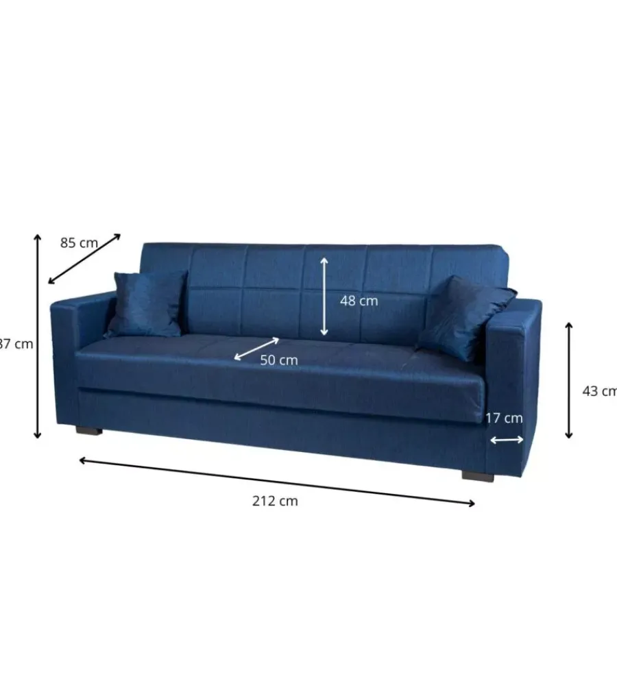 New Divano letto "nora" 3 posti in tessuto blu, 212x80x87 cm Divani