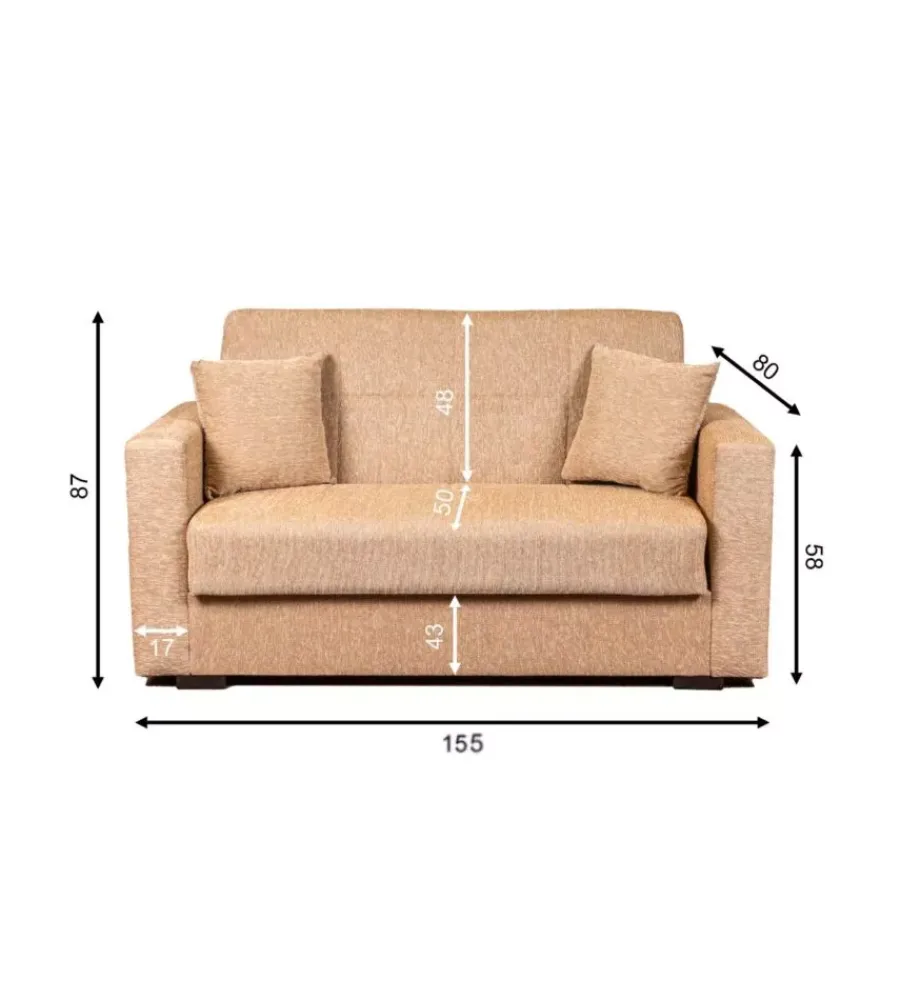 Divani-BellaHome Divano letto "nora" 2 posti in tessuto beige, 155x80x87 cm