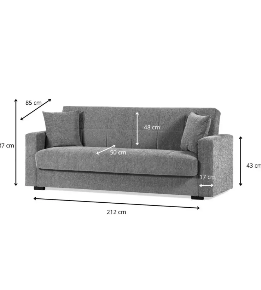Divani-BellaHome Divano letto "nora" 3 posti in tessuto colore grigio, 212x80x87 cm