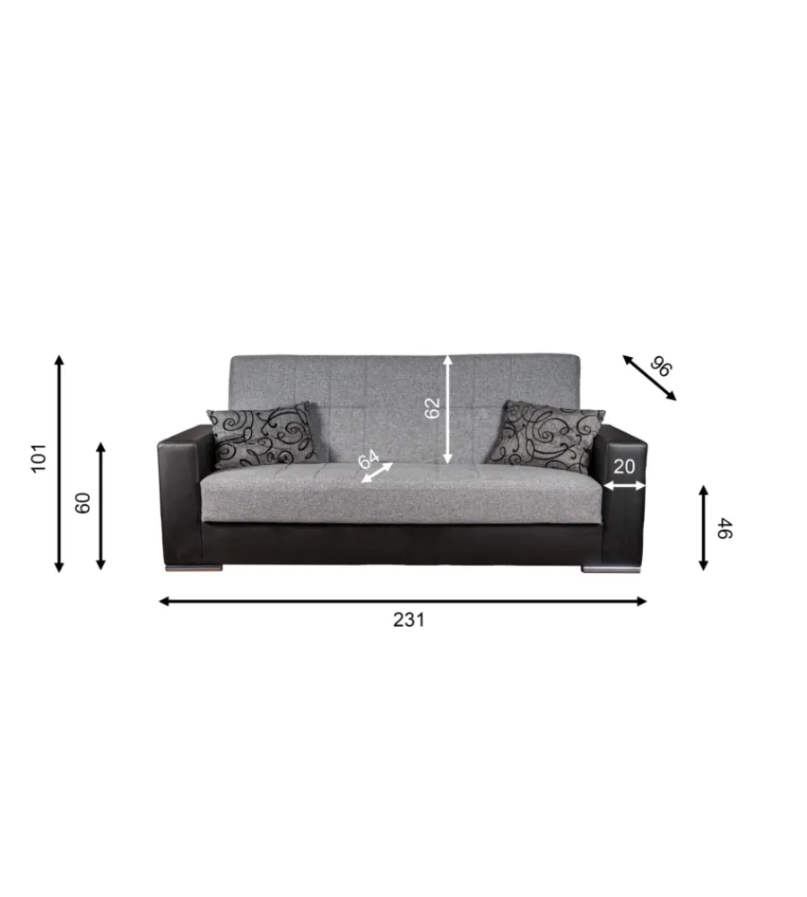 Divani-BellaHome Divano letto "padova" 3 posti nero e grigio, 230x93x97 cm