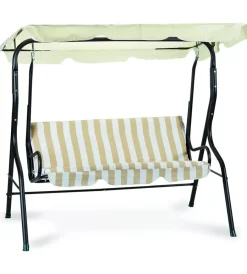 Mobili Da Giardino E Accessori- Dondolo da esterno a 3 posti essenza in acciaio e poliestere fantasia righe beige 170x113x156 cm