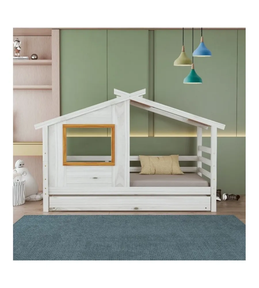 New Doppio letto singolo per ragazzi "nantes" in pino massello a casetta 222x97,6x143 cm Letti E Comodini