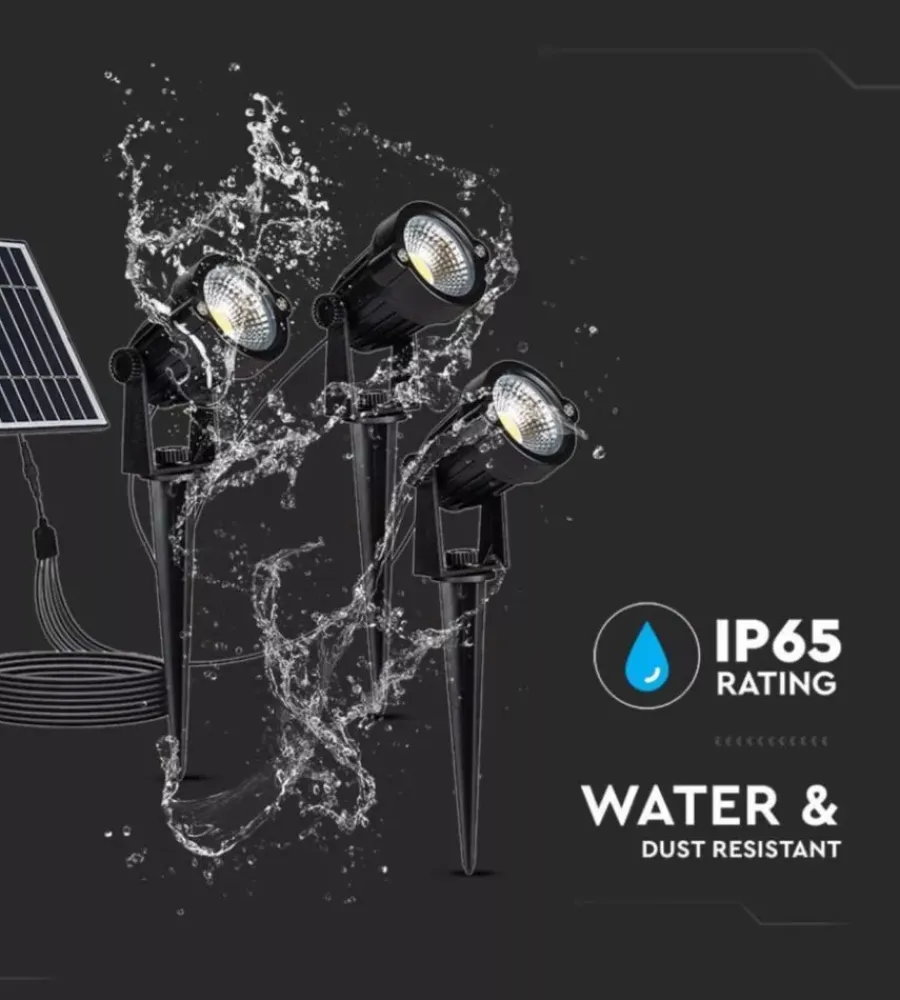 Illuminazione Per Esterno|Faretto led solare da esterno con picchetto vtac nero 3000k 3 pezzi