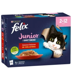 Purina Alimenti Umido Gatto|Felix le ghiottonerie junior manzo e pollo, 12x85 gr