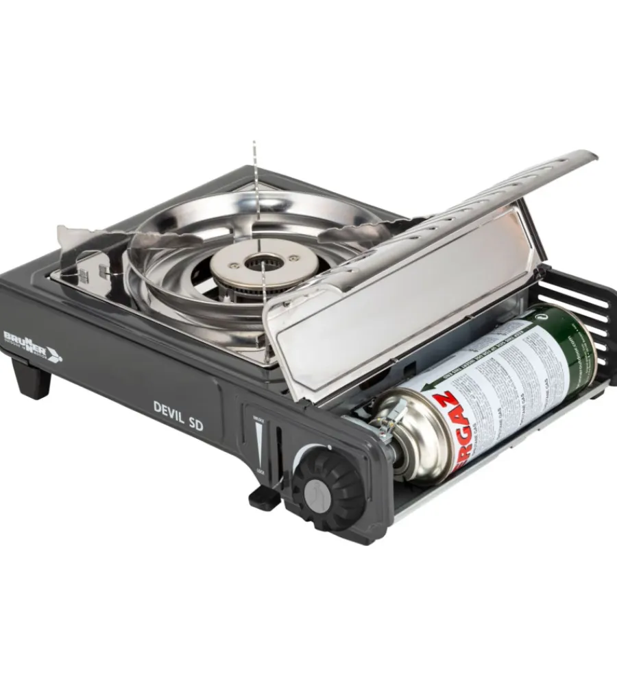 Brunner Campeggio|Fornello da campeggio a gas "devil sd ng" in acciaio inox 1 fuoco 37,2x28,6x12,5 cm