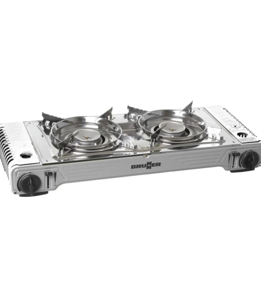 Brunner Campeggio|Fornello da campeggio a gas "devil double grill" in alluminio 2 fuochi e piastra grill 67,9x28,6x12,5 cm
