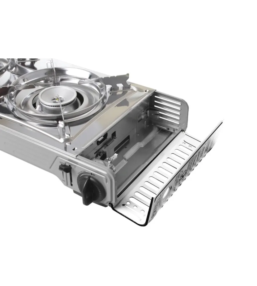 Brunner Campeggio|Fornello da campeggio a gas "devil double grill" in alluminio 2 fuochi e piastra grill 67,9x28,6x12,5 cm