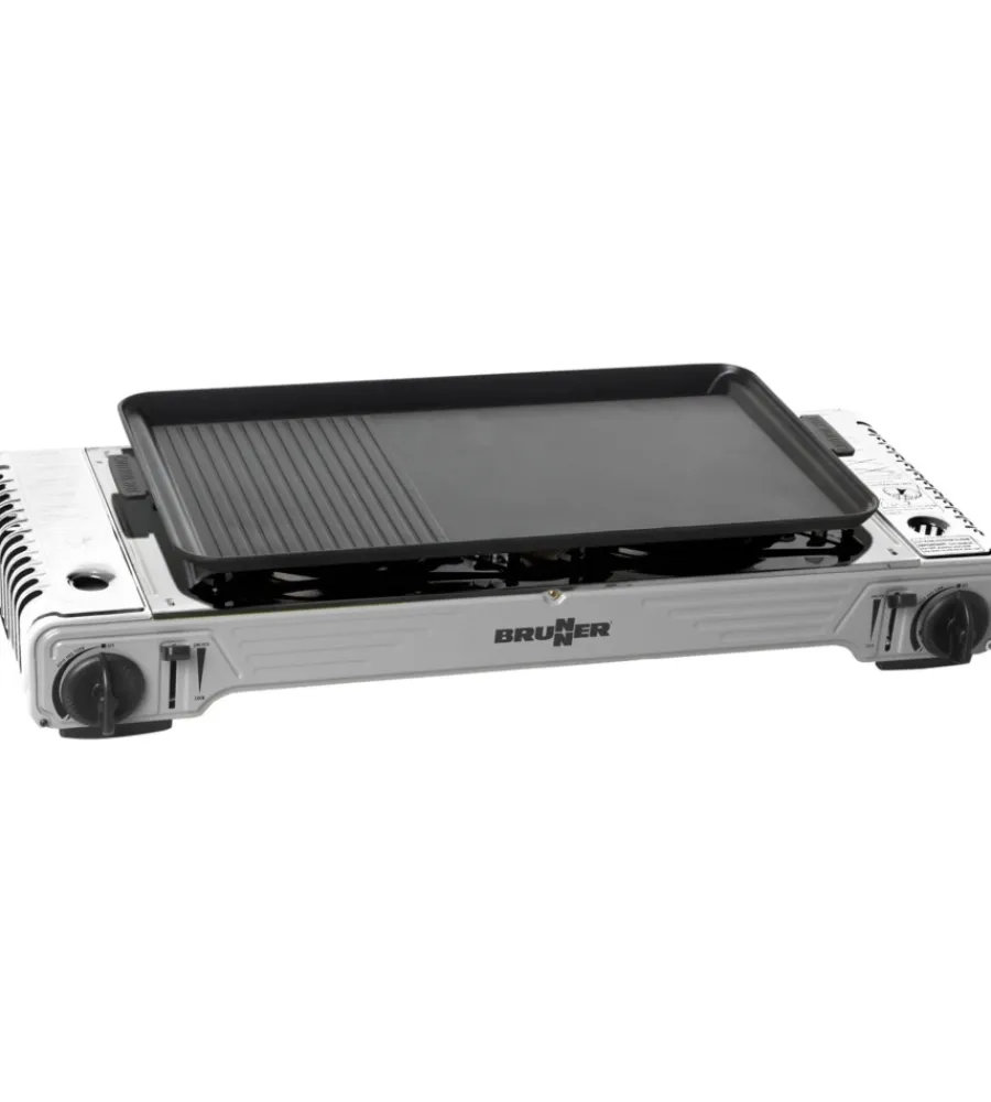 Brunner Campeggio|Fornello da campeggio a gas "devil double grill" in alluminio 2 fuochi e piastra grill 67,9x28,6x12,5 cm