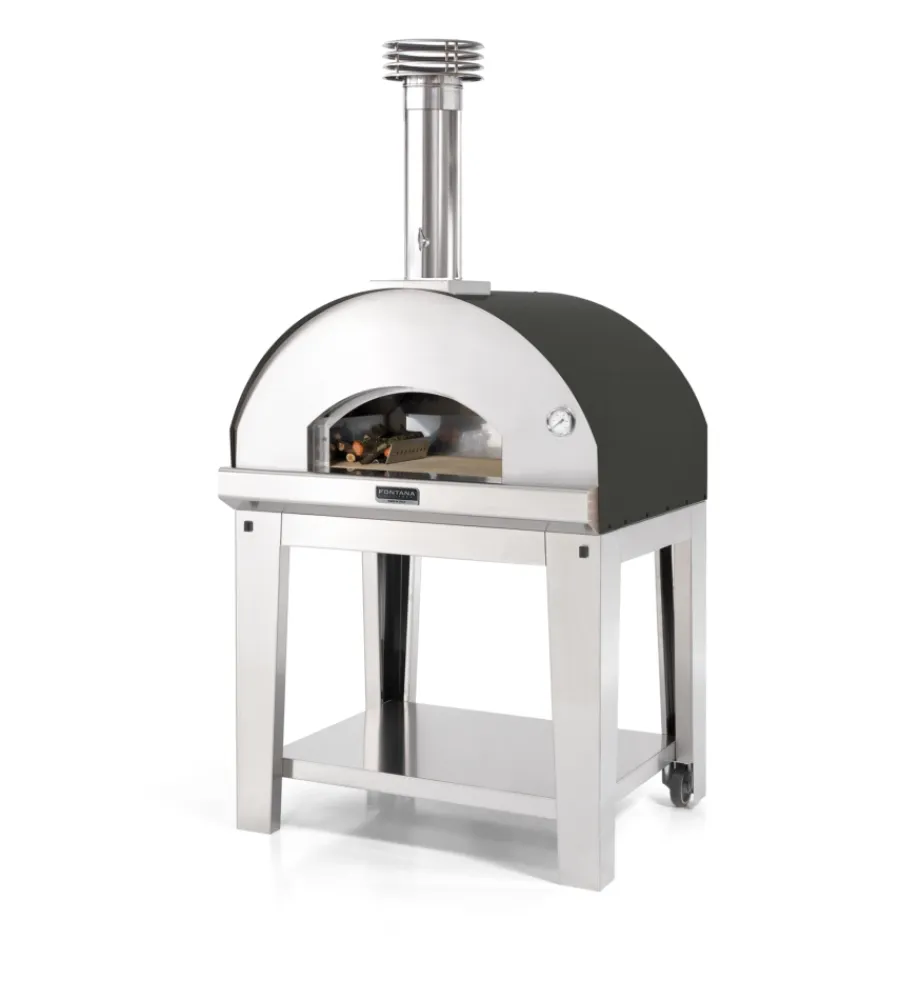 Forni Pizza-Fontana Forni Forno pizza a legna con carrello fontana "mangiafuoco" colore antracite 4 pizze