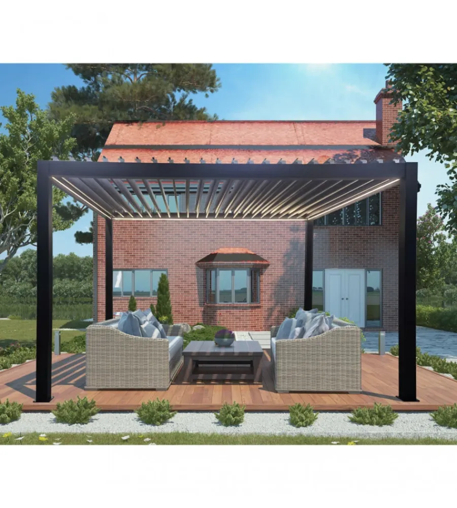 Coperture Per Esterno E Accessori|Gazebo pergola bioclimatica da esterno elica garden antracite in alluminio, con led e copertura motorizzata - 4x4x2,5 m