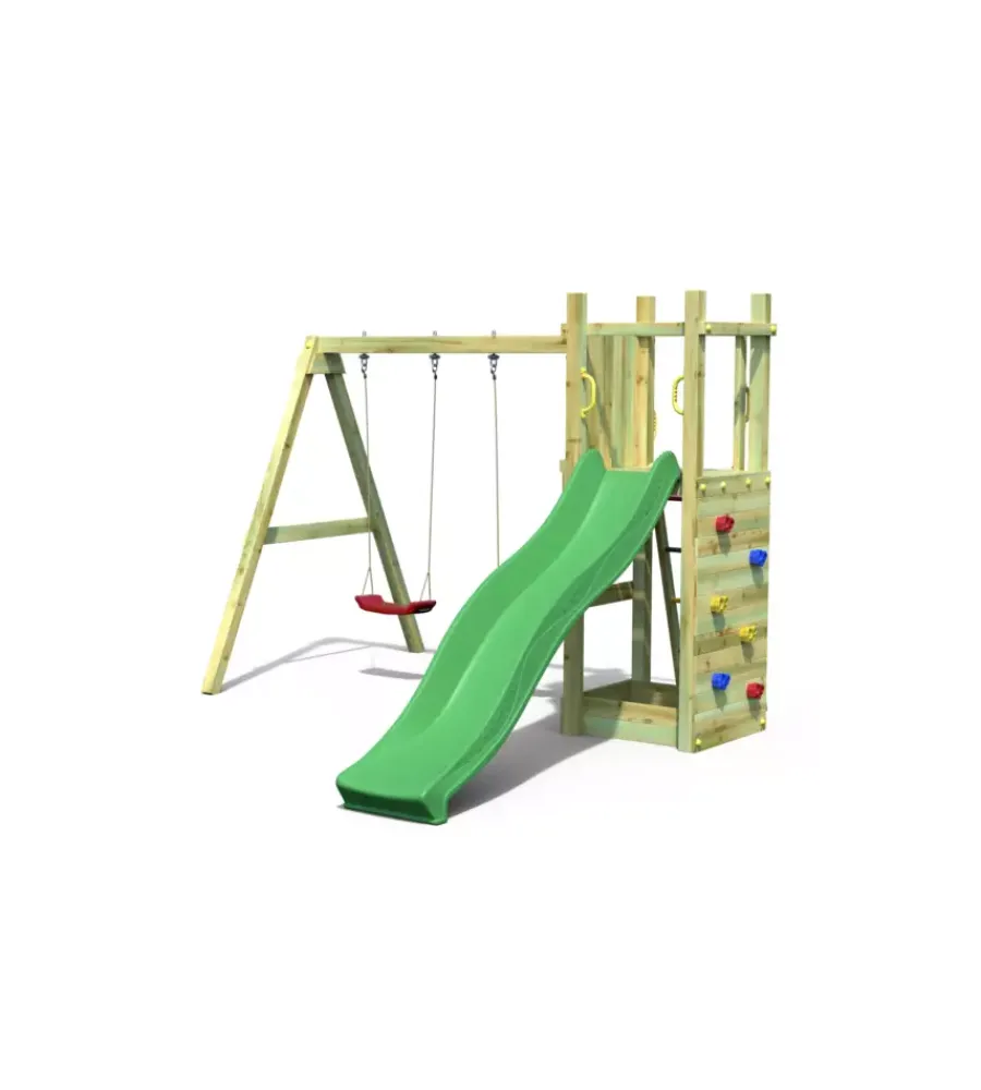 Giochi E Casette Bimbo-Fungoo Gioco da esterno per bambini in legno "funny 3 double swing" con torretta scoperta, scivolo e altalena doppia, 345x284x210 cm