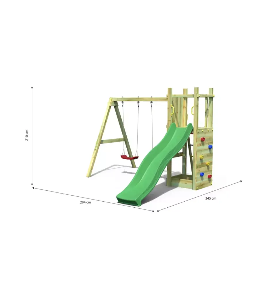 Giochi E Casette Bimbo-Fungoo Gioco da esterno per bambini in legno "funny 3 double swing" con torretta scoperta, scivolo e altalena doppia, 345x284x210 cm